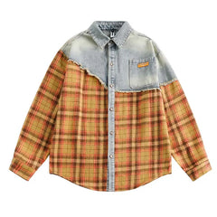 Golden-Hued Plaid Denim Shirt